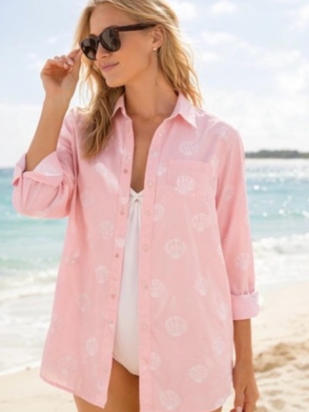 J. Crew Sea Shell Print 100% cotton button down shirt coastal Beach Extra Large - Picture 2 of 10